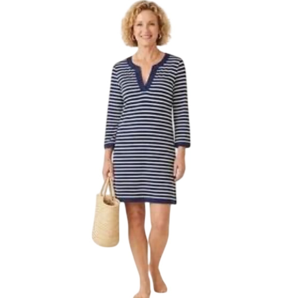 Aqua Et Sol Tunic Dress S Navy White Stripe Swim Cover Up Beach Resort UPF